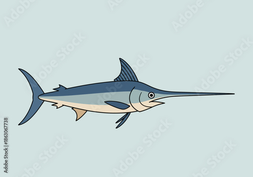 A blue swordfish with fins and a long pointed bill.