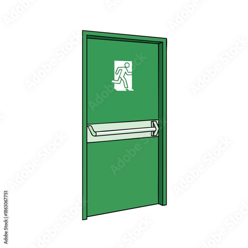 Green emergency exit door with an indicator icon and white push bar