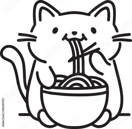 Cartoon cat slurping noodles from a bowl in a bold line art illustration, front view, black outlines on white background, playful mood