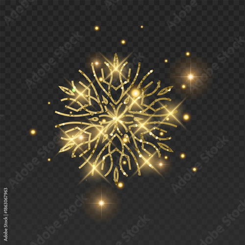 Ornate golden vector snowflake with a luxurious glitter texture and elegant filigree patterns. This detailed winter crystal is decorated with glowing sparks, bright lens flares, and magical golden dus