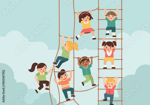 Children climbing a rope net and ladder, reaching for the sky.