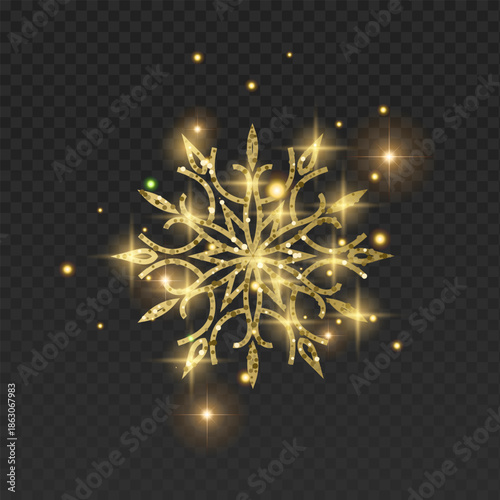 Ornate golden vector snowflake with a luxurious glitter texture and elegant filigree patterns. This detailed winter crystal is decorated with glowing sparks, bright lens flares, and magical golden dus