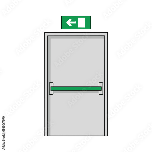 A door graphic with an exit sign, horizontal bar, and a left arrow symbol