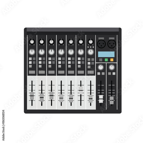 A vector illustration of a mixing board with sliders, knobs, and display