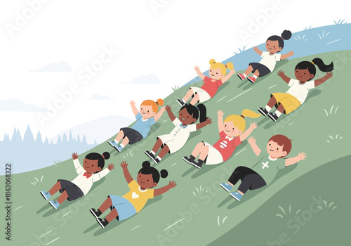 Diverse children sliding down a grassy hill with arms raised.