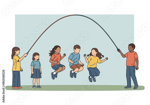 Children jumping rope together in a park.