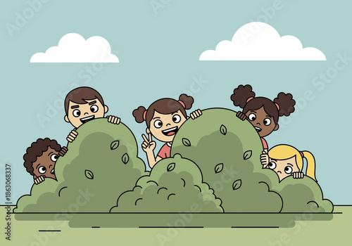 Children playing hide and seek behind green bushes in a park.