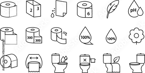 Complete set of toilet paper and bathroom hygiene line icons featuring roll layers soft texture pH balance sheets count and plumbing safety symbols