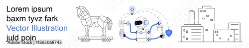 Cybersecurity, artificial intelligence, urban technology, data protection, online fraud, smart city solutions. Trojan horse, AI-powered robot and cityscape. Cybersecurity and artificial intelligence