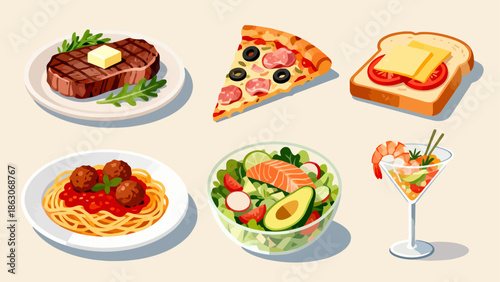Illustration of various food dishes