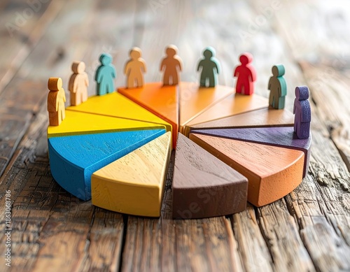 Colorful pie chart segments with wooden figures on wooden surface