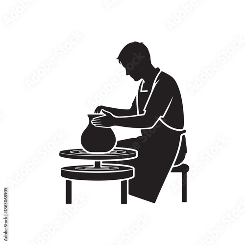 Potter shaping clay pot in minimalist silhouette style with dramatic black and white lighting on a simple pottery wheel for craft