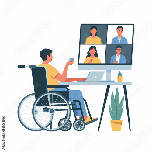 An individual in a wheelchair engages in a virtual meeting on a large desktop computer with multiple participants on screen in a modern home office setting, conveying accessibility and