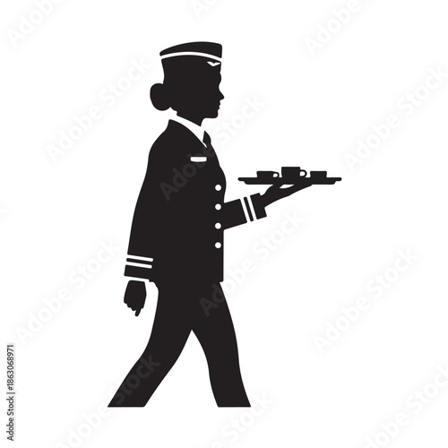 Flight Attendant Silhouette in Uniform Carrying Tray in Simple Black Design for Airline Page