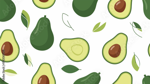 Avocado Pattern with Halves and Leaves.
