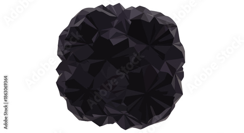 Abstract dark geometric sphere with sharp facets and polygonal texture, symbolizing mystery and complexity.