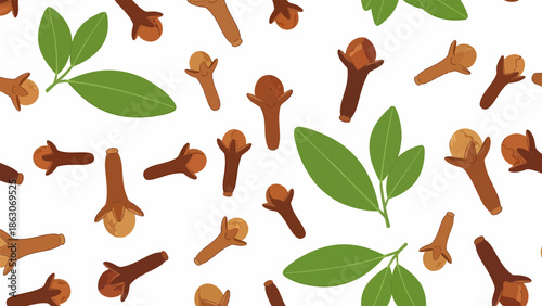Cloves and Leaves Pattern on White Background.