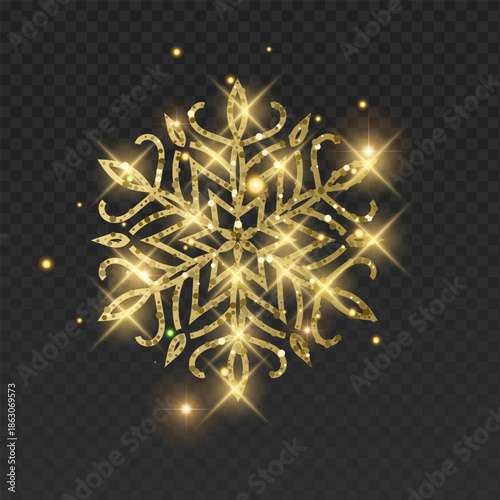 Ornate golden vector snowflake with a luxurious glitter texture and elegant filigree patterns. This detailed winter crystal is decorated with glowing sparks, bright lens flares, and magical golden dus