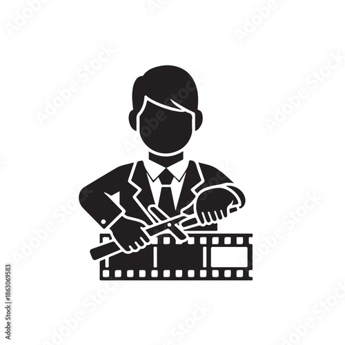 Film Director Editing Footage in Minimalist Black Silhouette on White Background for Film Industry