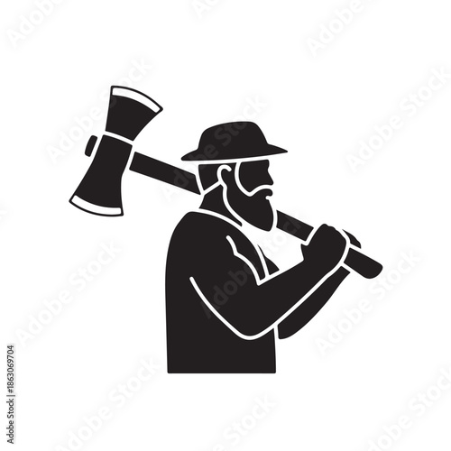 Lumberjack with axe in monochrome silhouette style on white background for logo design