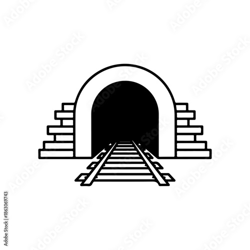 Black and white graphic icon featuring a train tunnel entrance with railway tracks, representing progress, a new journey, and crucial transport infrastructure