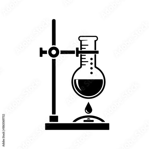 Scientific experiment icon chemistry lab setup with a heated flask on a retort stand, representing research, chemical processes, and education
