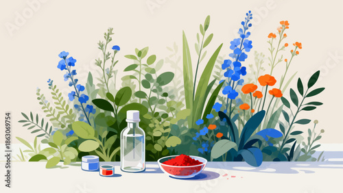 Botanical arrangement with herbs and containers