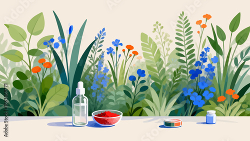 Botanical skincare products in garden setting