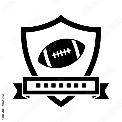 Bold graphic design featuring a shield and an American football, symbolizing athletic competition, team spirit, and championship success for sports branding and events