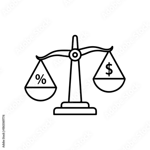 Economic balance concept with percentage and dollar symbols on a scale, illustrating financial valuation and cost analysis