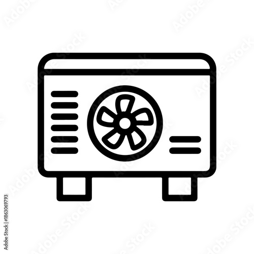 Outline vector icon of an outdoor air conditioning unit, featuring a spinning fan and vents, ideal for illustrating HVAC systems, climate control, and home cooling
