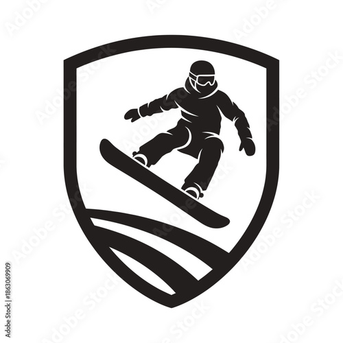 Snowboarder in shield logo design sports.