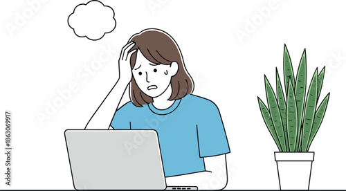 Stressed young woman working on laptop with thought bubble and potted plant flat vector illustration isolated on white background for burnout concept.