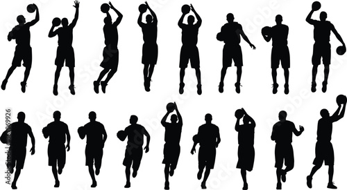   
Dynamic silhouettes of basketball players in action poses dribbling, shooting, dunking, and jumping, showcasing athletic sports motion and energy
