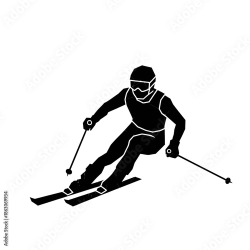 Skier in Motion on Slopes Downhill.