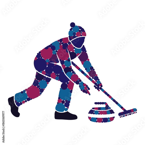 Curling Athlete in Motion Sweeping Ice.