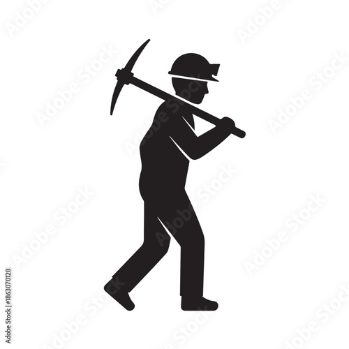 Miner with Pickaxe in Silhouette Style with Black Color on White Background for Industrial Use