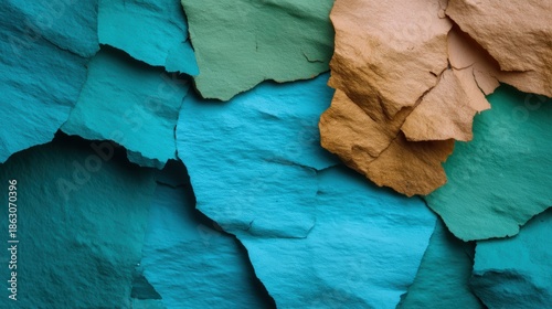 Wallpaper Mural A vibrant, textured surface featuring layers of peeling paint in shades of turquoise, green, and brown, creating a striking visual contrast. Torontodigital.ca