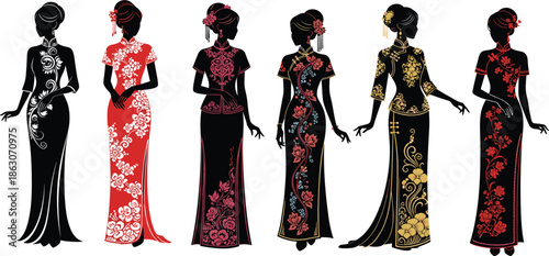 Elegant Chinese qipao cheongsam dress silhouettes, traditional floral embroidery fashion collection, Asian women evening gown vector illustration set, design, art