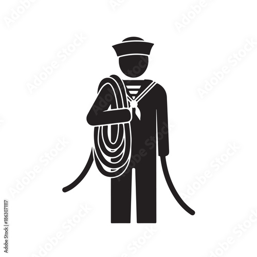 Firefighter with hose in minimalist black silhouette on white background for safety icon