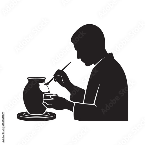 Potter Painting Ceramic Vase in Simple Silhouette with Black and White Color Scheme on Isolated White Background for Crafting