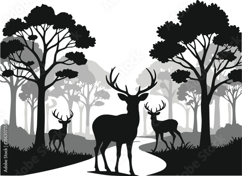 Majestic deer forest silhouette illustration, wildlife nature landscape, black and white vector art, woodland animals scenery design, poster, printable, background