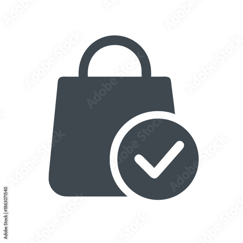 Shopping bag with check mark icon, purchase completed concept