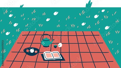 Picnic Scene Illustration Tea, Book, Blanket on Green Grass