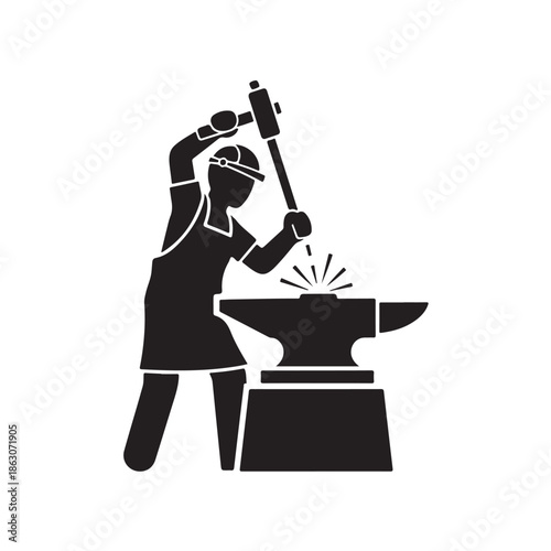 Blacksmith hammering on anvil in industrial monochrome silhouette with dynamic motion for metalwork