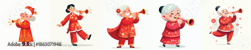 vector of a grandmother blowing a Chinese New Year trumpet