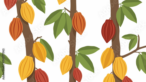 Cocoa Pods on Tree Branches Illustration.