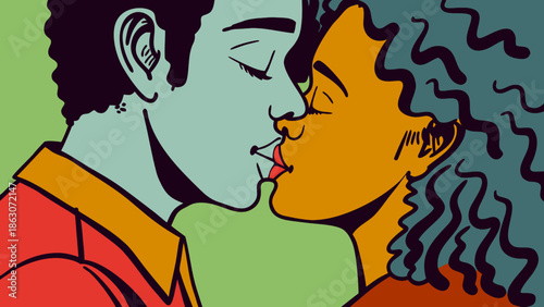 Couple Kissing, Pop Art Style, Love  Romance, Vector Illustration