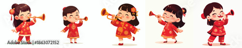 vector of a little girl blowing a Chinese New Year trumpet