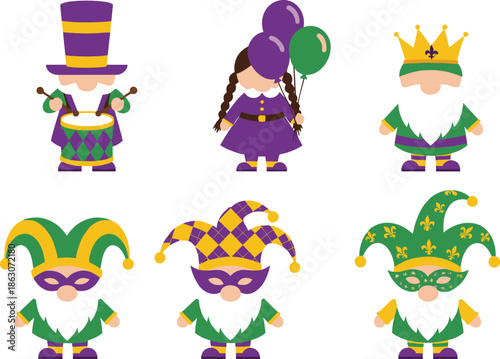 Mardi Gras Character Set with Jester Gnomes Carnival King and Drummer in Purple Green and Gold Vector